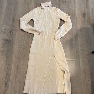 Showpo Cream Long Sleeve Ribbed Dress with Slit for Cocktail